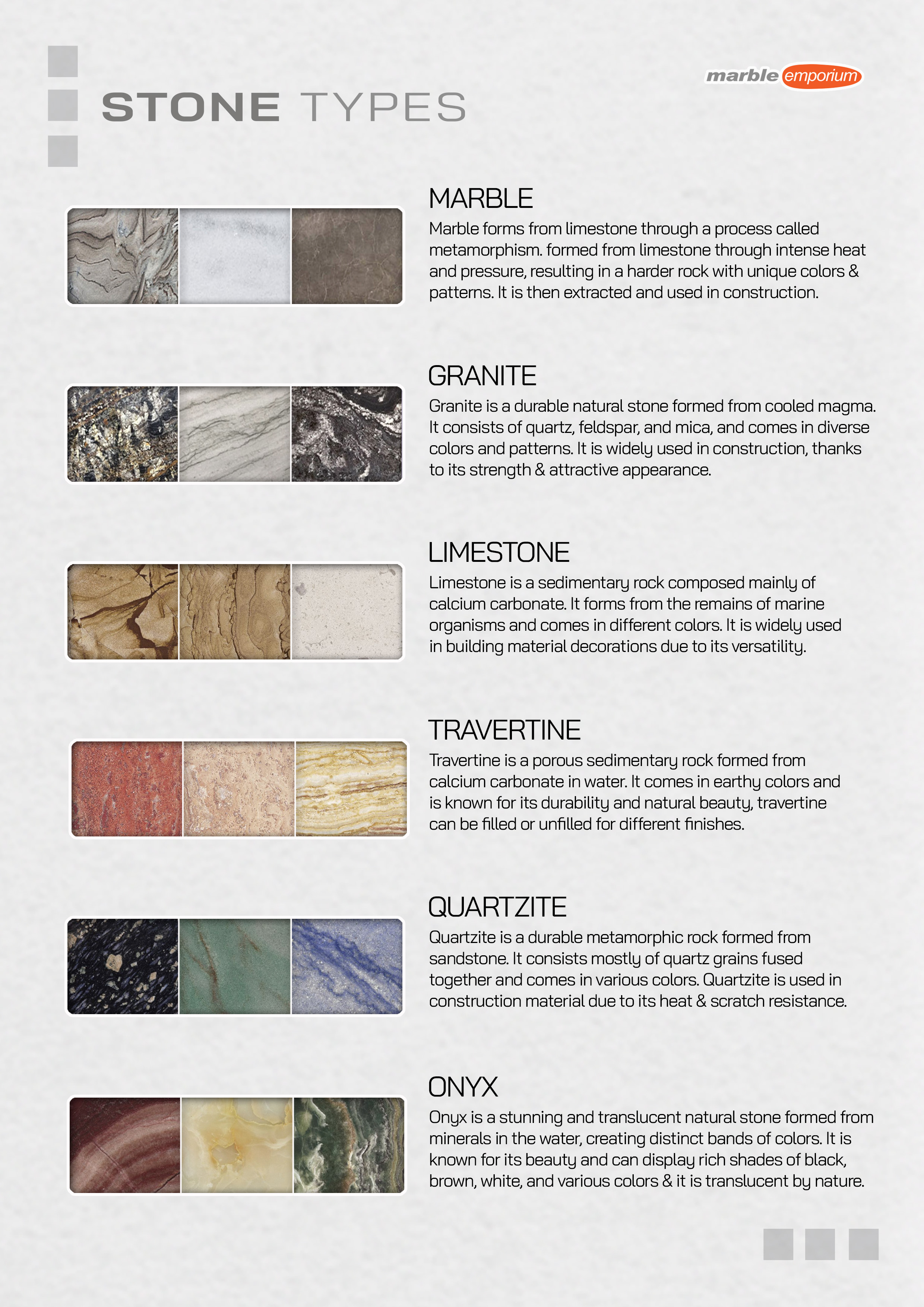 Marble Emporium | How we work page 06 - Stone types | MARBLE - Marble forms from limestone through a process called metamorphism. formed from limestone through intense heat and pressure, resulting in a harder rock with unique colors & patterns. It is then extracted and used in construction. | GRANITE - Granite is a durable natural stone formed from cooled magma. It consists of quartz, feldspar, and mica, and comes in diverse colors and patterns. It is widely used in construction, thanks to its strength & attractive appearance. | LIMESTONE - Limestone is a sedimentary rock composed mainly of calcium carbonate. It forms from the remains of marine organisms and comes in different colors. It is widely used in building material decorations due to its versatility. | TRAVERTINE - Travertine is a porous sedimentary rock formed from calcium carbonate in water. It comes in earthy colors and is known for its durability and natural beauty, travertine can be filled or unfilled for different finishes. | QUARTZITE - Quartzite is a durable metamorphic rock formed from sandstone. It consists mostly of quartz grains fused together and comes in various colors. Quartzite is used in construction material due to its heat & scratch resistance. | ONYX - Onyx is a stunning and translucent natural stone formed from minerals in the water, creating distinct bands of colors. It is known for its beauty and can display rich shades of black, brown, white, and various colors & it is translucent by nature.